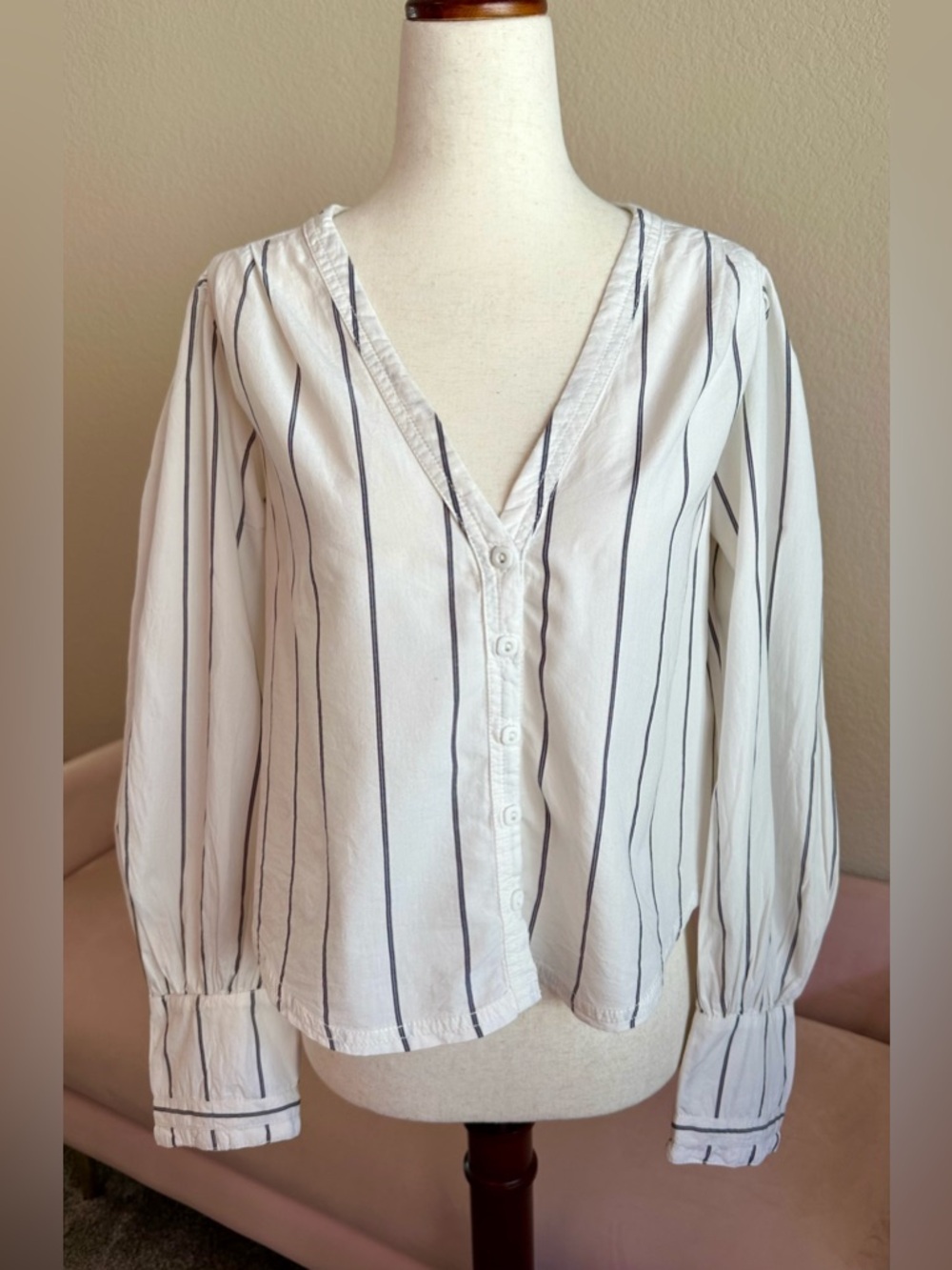 We The Free Free People Farmhouse Fresh Top Striped White Cropped Blouse XS